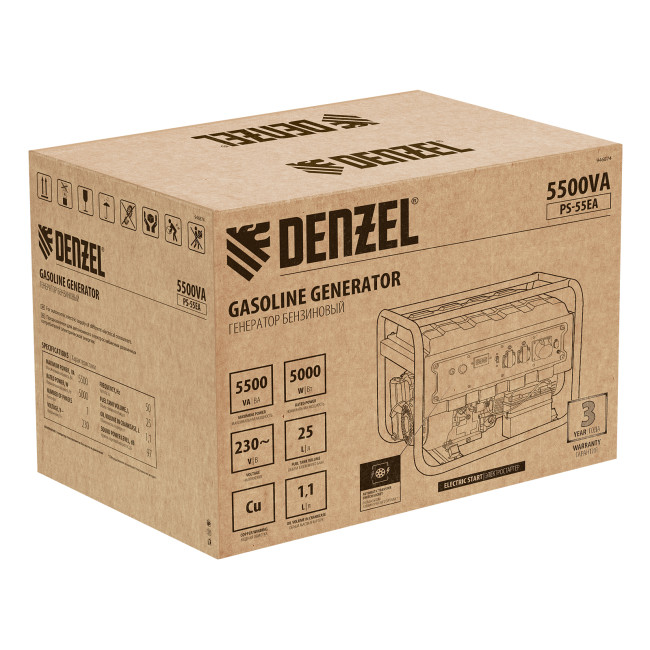 Генератор бензиновый PS 55 EA, 5.5 кВт, 230 В, 25 л, коннектор автоматики, электростартер Denzel в Красноярске