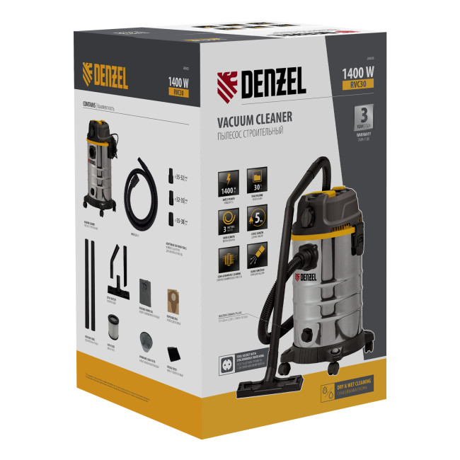 Пылесос строительный RVC30, 1400 Вт, бак 30 л, шланг 3 м, розетка с автосинхр. Denzel в Красноярске