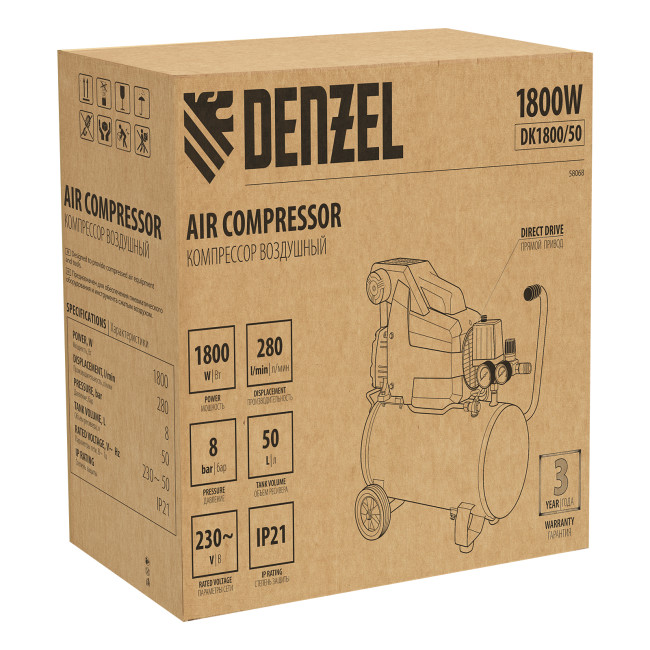 Компрессор воздушный DK1800/50, Х-PRO 1.8 кВт, 280л/мин, 50л Denzel в Красноярске