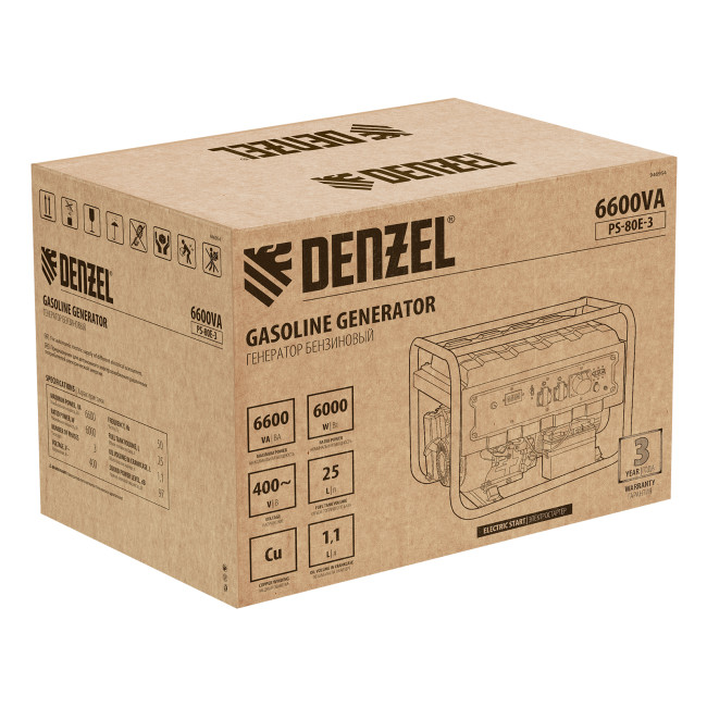 Генератор бензиновый PS 80 E-3, 6.6 кВт, 400 В, 25 л, электростартер Denzel в Красноярске