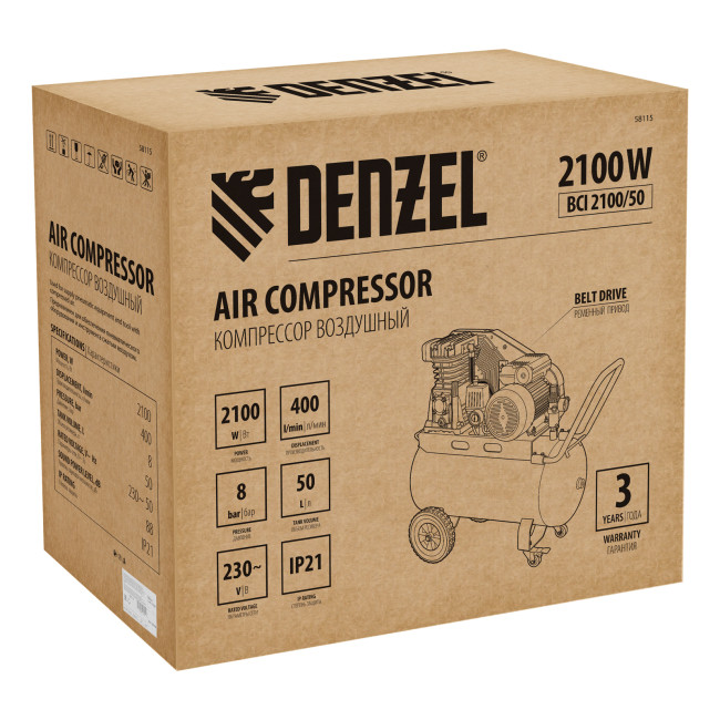 Компрессор воздушный рем. привод BCI 2100/50, 2,1 кВт, 50 литров, 400 л/мин Denzel в Красноярске