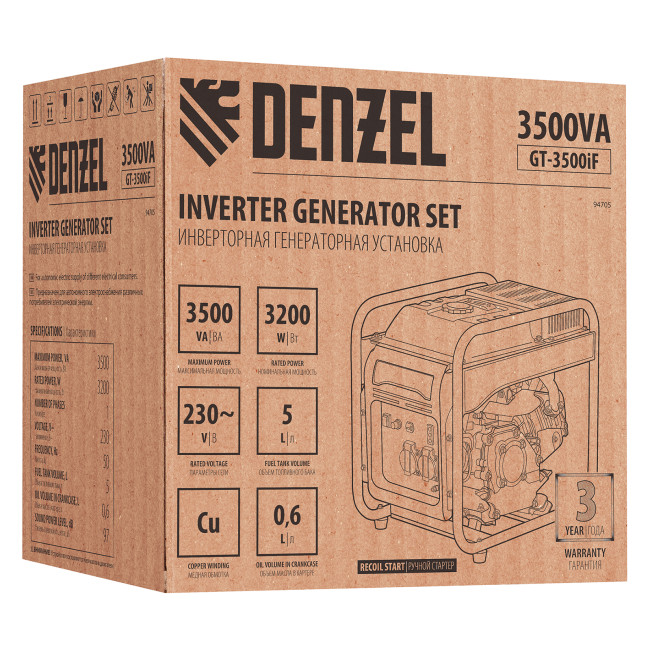 Генератор инверторный GT-3500iF, 3.5 кВт, 230 В, бак 5 л, открытый корпус, ручной старт Denzel в Красноярске