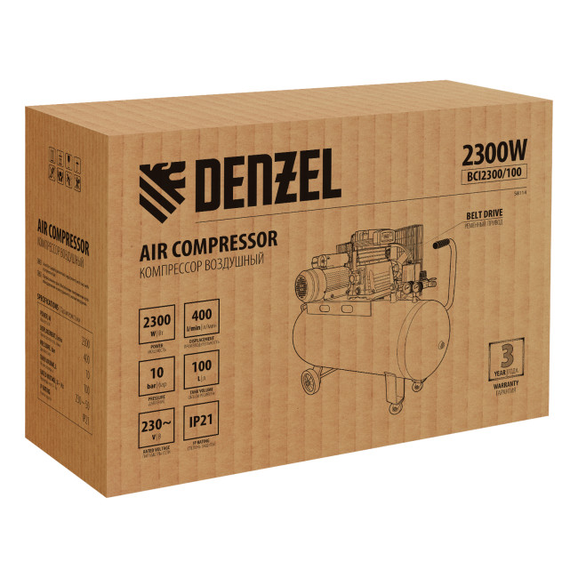 Компрессор воздушный BCI2300/100, ременный привод, 2.3 кВт, 100 литров, 400 л/мин Denzel в Красноярске