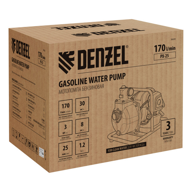 Мотопомпа бензиновая для чистой воды PX-25, 52 см3, 1", 170 л/мин, глуб 8 м, напор 30 м Denzel в Красноярске
