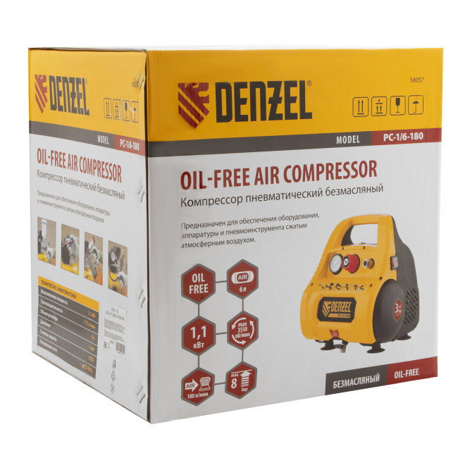 Компрессор воздушный безмасляный РС 1/6-180,1, 1 кВт, 180 л/мин, 6 л Denzel в Красноярске