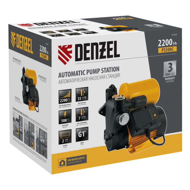 Насосная станция PS500C, 500 Вт, напор 35 м, 2200 л/ч, ресивер 2 л, блок управления Denzel в Красноярске