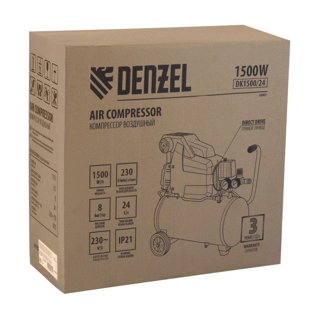 Компрессор воздушный DK1500/24, Х-PRO 1.5 кВт, 230 л/мин, 24 л Denzel в Красноярске
