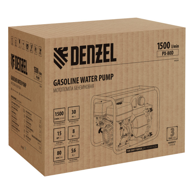 Мотопомпа бензиновая для грязной воды PX-80D, 15 л.с, 3", 1500 л/мин, глубина 8 м , напор 30 м Denzel в Красноярске