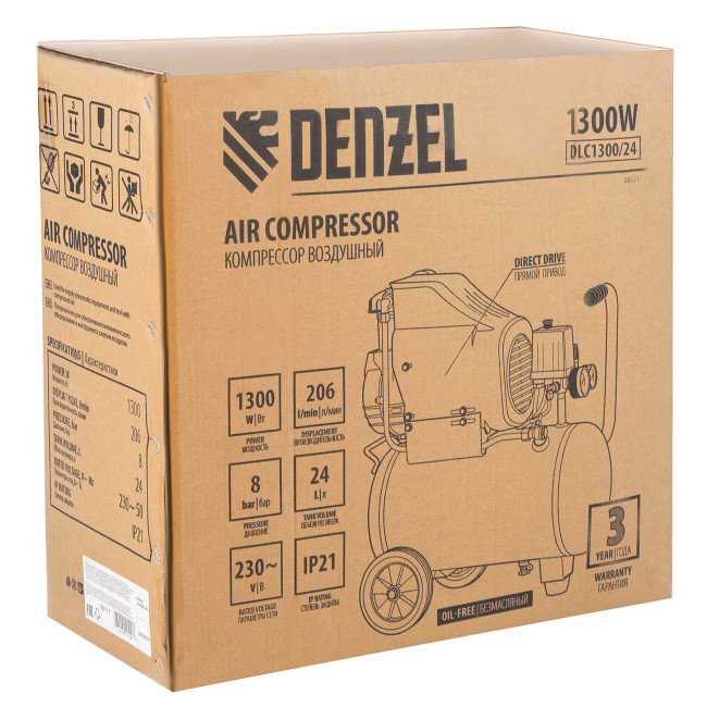 Компрессор воздушный DLC1300/24 безмасляный 1.3 кВт, 24 литра, 206 л/мин Denzel в Красноярске