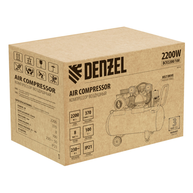 Компрессор воздушный BCV2200/100, ременный привод, 2.2 кВт, 100 литров, 370 л/мин Denzel в Красноярске