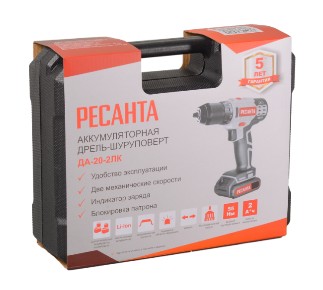 Дрель-шуруповерт аккумуляторная Ресанта ДА-20-2ЛК (2,0 А/ч) в Красноярске