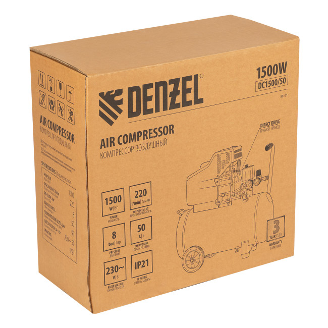 Компрессор воздушный, прямой привод DC1500/50, 1.5 кВт, 50 литров, 220 л/мин Denzel в Красноярске