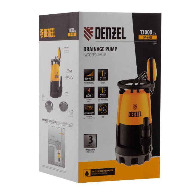 Дренажный насос для чистой и грязной воды DP-600S, 600 Вт, напор 7 м, 13000 л/ч Denzel в Красноярске