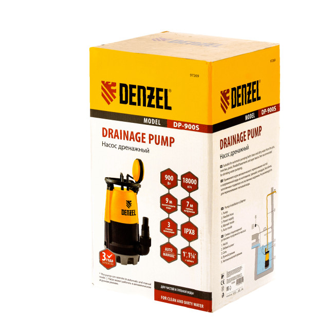 Дренажный насос для чистой и грязной воды DP900S, 900 Вт, напор 9 м, 18000 л/ч Denzel в Красноярске