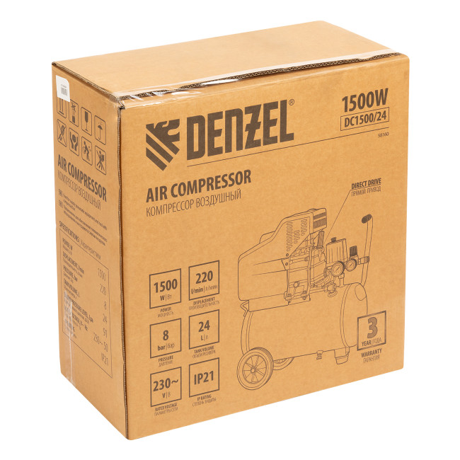 Компрессор воздушный DC1500/24, прямой привод, 1.5 кВт, 24 литра, 220 л/мин Denzel в Красноярске