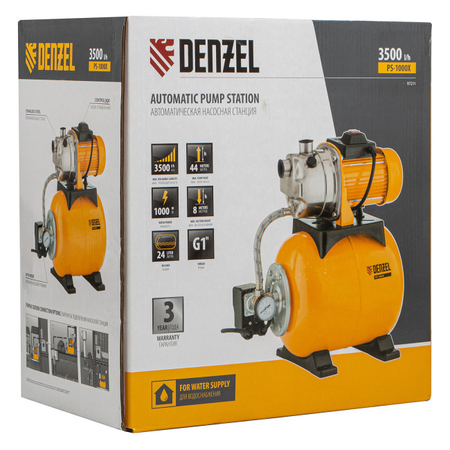 Насосная станция PS1000Х, 1000 Вт, 3500 л/ч, ресивер 24 л, подъем 44 м, нержавейка Denzel в Красноярске