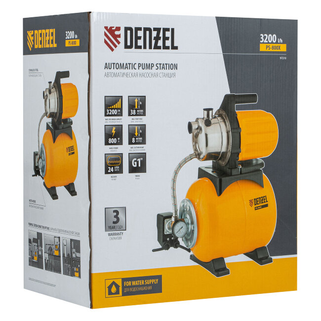 Насосная станция PS800X, 800 Вт, 3200 л/ч, ресивер 24 л, подъем 38 м, нержавейка Denzel в Красноярске