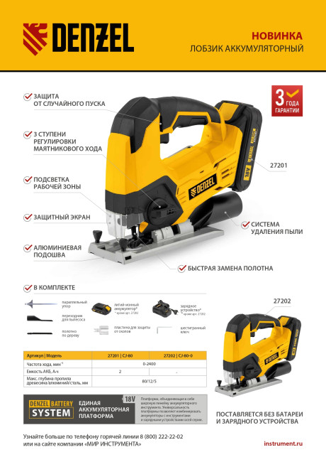 Лобзик аккумуляторный CJ-80, 18В Li-Ion Denzel в Красноярске
