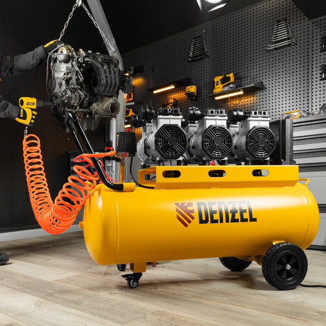 Компрессор безмасляный, малошумный DLS 3300/100, 3300 Вт,3x1100, 100 л, 570 л/мин ,блок управления Denzel в Красноярске