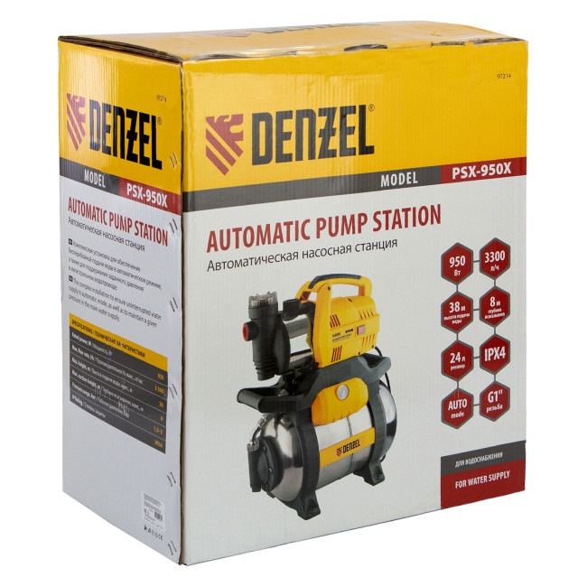 Насосная станция PSХ950X, Х-Pro, 950 Вт, 3300 л/ч, ресивер 24 л, подъем 38 м, нержавейка Denzel в Красноярске