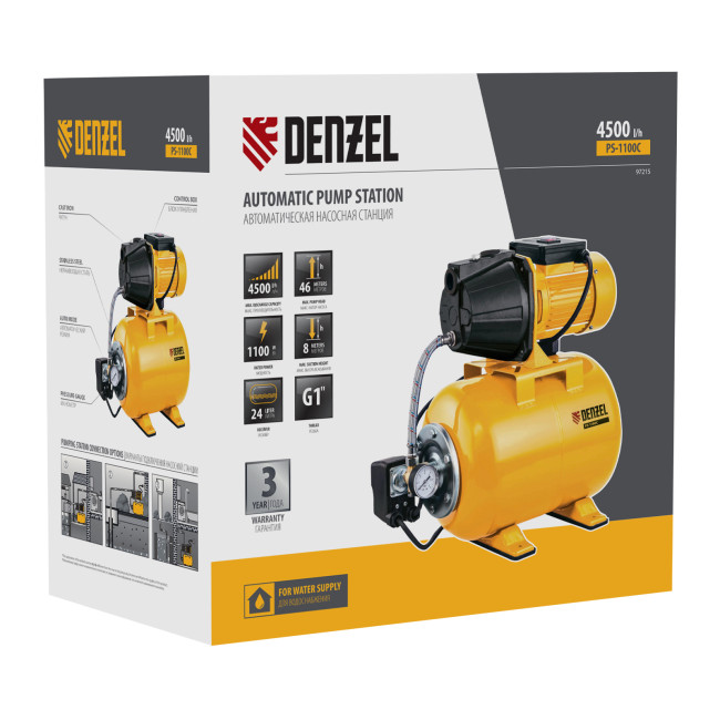 Насосная станция PS1100С, 1100 Вт, 4500 л/ч, ресивер 24 л, подъем 46 м, чугун Denzel в Красноярске