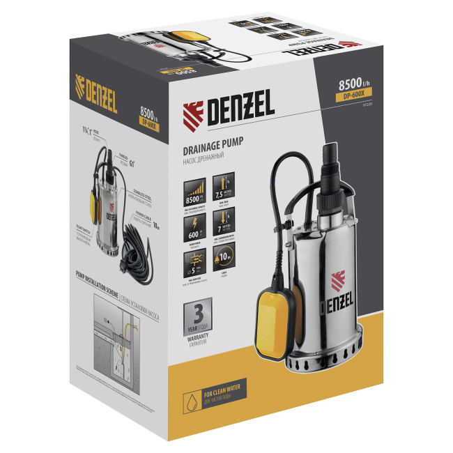 Дренажный насос DP600X, 600 Вт, подъем 7.5 м, 8500 л/ч Denzel в Красноярске