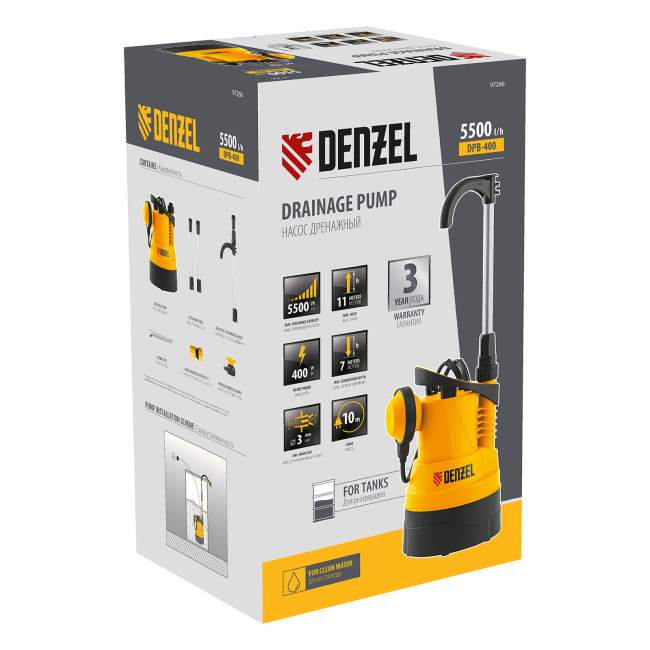 Дренажный насос для чистой воды DPB400, 400 Вт, подъем 11 м, 5500 л/ч Denzel в Красноярске