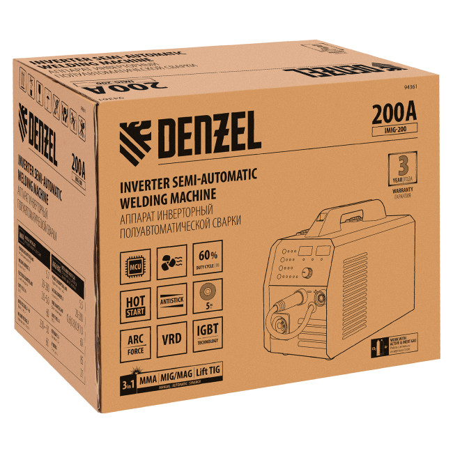 Аппарат инвертор. полуавтомат. cварки IMIG-200, 200 А, ПВ 60%, катушка 5 кг Denzel в Красноярске