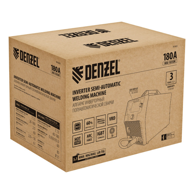 Аппарат инвертор. полуавтомат. cварки IMIG-185SDR, 180 А, ПВ 60%, катушка 5 кг Denzel в Красноярске