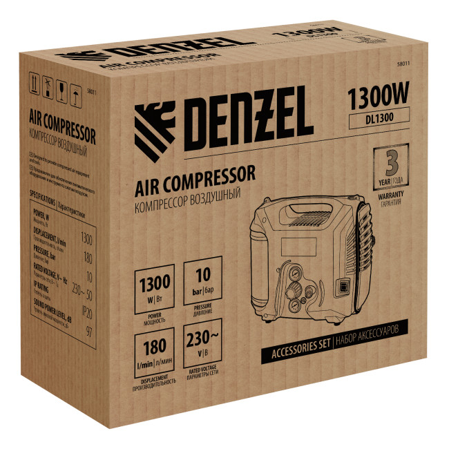 Компрессор воздушный DL1300, 10 бар, 1,3 кВт 180 л/мин 5 л, с набором аксессуаров Denzel в Красноярске