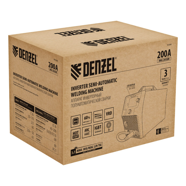 Аппарат инвертор. полуавтомат. cварки IMIG-205SDR, 200 А, ПВ 60%, катушка 5 кг Denzel в Красноярске