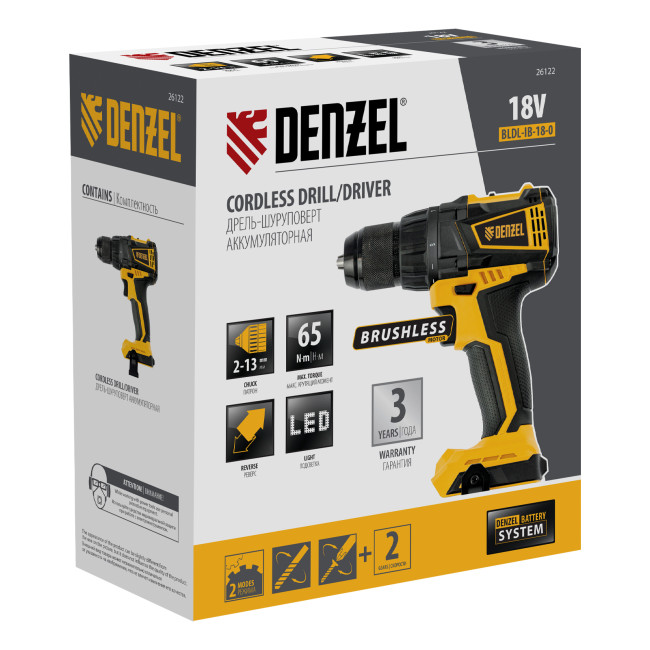 Дрель-шуруповерт аккумуляторная, бесщет. BLDL-IB-18-0, Li-Ion, 18 В Denzel в Красноярске