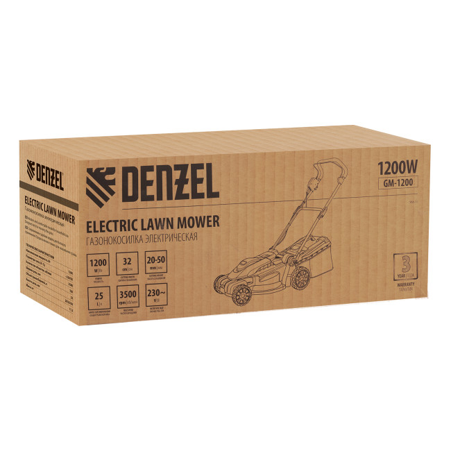 Газонокосилка электрическая GM-1200, 1200 Вт, ширина 32 см, 3 уровня, травосборник 25 л. Denzel в Красноярске Газонокосилка электрическая GM-1200, 1200 Вт, ширина 32 см, 3 уровня, травосборник 25 л. Denzel в Красноярске