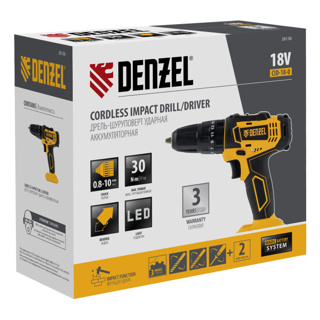 Дрель-шуруповерт аккумуляторная ударная CID-18-0, Li-Ion, 18 В Denzel в Красноярске