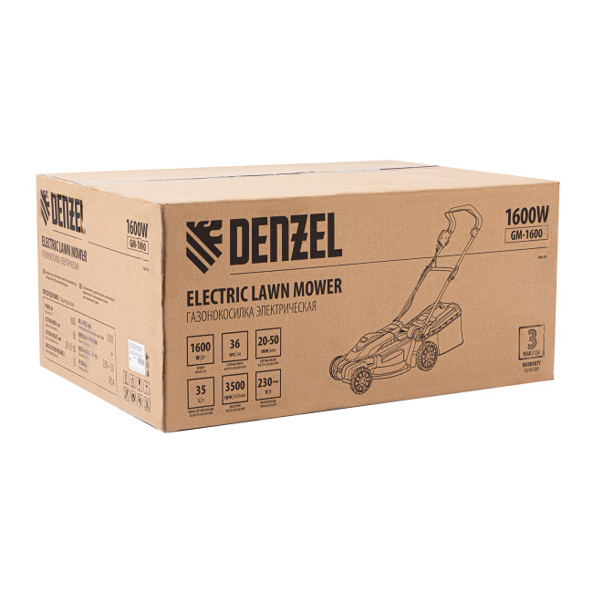 Газонокосилка электрическая GM-1600, 1600 Вт, ширина 36 см, 3 уровя, травосборник 35 л. Denzel в Красноярске Газонокосилка электрическая GM-1600, 1600 Вт, ширина 36 см, 3 уровя, травосборник 35 л. Denzel в Красноярске