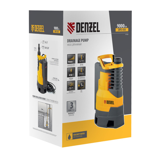Дренажный насос DPХ450, 450 Вт, подъем 5 м, 9000 л/ч Denzel в Красноярске