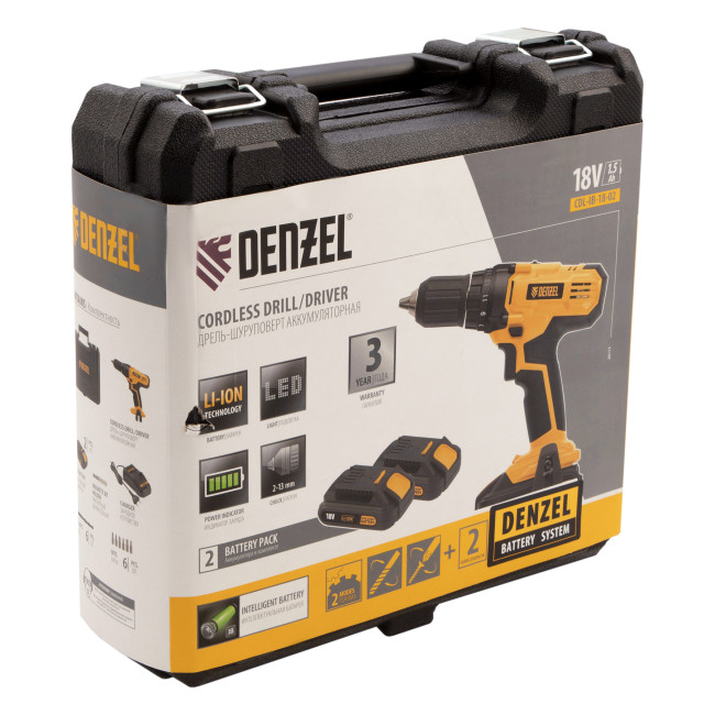 Дрель-шуруповерт аккумуляторная CDL-IB-18-02, Li-Ion, 18 В, 2 акк. Denzel в Красноярске
