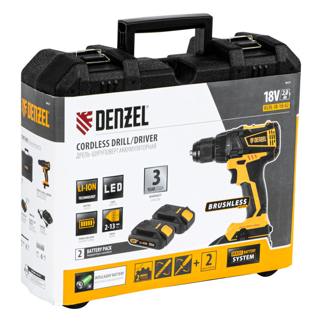 Дрель-шуруповерт аккумуляторная, бесщет. BLDL-IB-18-02, Li-Ion, 18 В, 2 акк. Denzel в Красноярске