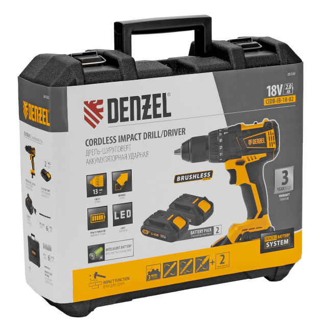 Дрель-шуруповерт аккумуляторная ударная бесщет CIDB-IB-18-02, Li-Ion, 18 В, 2 акк. Denzel в Красноярске