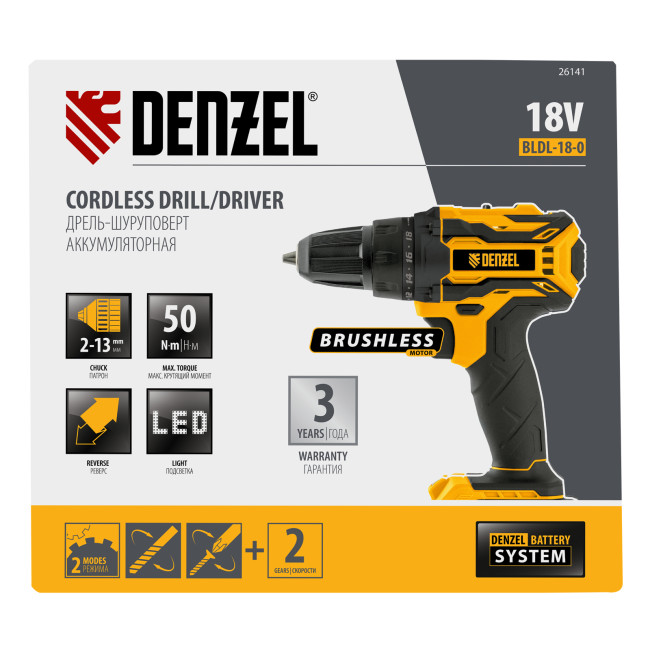 Дрель-шуруповерт аккумуляторная, бесщет. BLDL-18-0 Li-Ion, 18 В Denzel в Красноярске